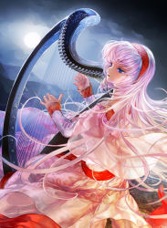 Rule 34 | 1girl, blue eyes, full moon, harp, instrument, jane mere, long hair, megurine luka, moon, music, pink hair, playing instrument, see-through, singing, sitting, solo, very long hair, vocaloid
