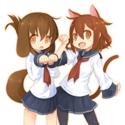 Rule 34 | 10s, 2girls, :d, animal ears, brown eyes, brown hair, cat ears, cat tail, dog ears, dog tail, fang, folded ponytail, hair ornament, hairclip, ikazuchi (kancolle), inazuma (kancolle), kantai collection, kemonomimi mode, looking at viewer, multiple girls, open mouth, pantyhose, paw pose, pleated skirt, ran system, school uniform, serafuku, short hair, skirt, smile, tail