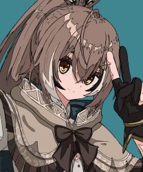 Rule 34 | 1girl, ahoge, blue background, brown capelet, brown cloak, brown eyes, brown hair, capelet, cloak, feather hair ornament, feathers, gloves, hair ornament, hairclip, hieroglyphics, highres, hololive, hololive english, long hair, looking at viewer, multicolored hair, nanashi mumei, nanashi mumei (1st costume), partially fingerless gloves, ponytail, portrait, ribbon, selfie, shirt, smile, streaked hair, tanau, v, very long hair, virtual youtuber, white shirt