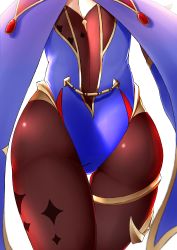 Rule 34 | 1girl, ass, ass focus, black pantyhose, blue leotard, cape, close-up, from behind, genshin impact, highres, leotard, lower body, mona (genshin impact), pantyhose, qoom, simple background, solo, thighs, white background