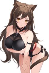 Rule 34 | 1girl, :/, absurdres, animal ears, arknights, arm strap, arm under breasts, bare arms, bare shoulders, black choker, black leotard, black one-piece swimsuit, blush, breasts, brown eyes, brown hair, cat ears, cat girl, cat tail, choker, closed mouth, collarbone, commentary, cowboy shot, cropped legs, earrings, frown, highres, jewelry, large breasts, leaning forward, leotard, long hair, looking at viewer, mizu (lzzrwi603), o-ring, o-ring swimsuit, official alternate costume, one-piece swimsuit, simple background, single earring, skyfire (arknights), skyfire (temperature difference) (arknights), solo, standing, swimsuit, tail, thighs, very long hair, white background
