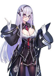 Rule 34 | 1girl, alternate costume, alternate eye color, armor, bespectacled, black-framed eyewear, black hairband, black thighhighs, blunt bangs, blush, breasts, cleavage, cleavage cutout, clipboard, clothing cutout, cowboy shot, echj, facial mark, faulds, girls&#039; frontline, glasses, gloves, hair ornament, hairband, hairclip, hk416 (girls&#039; frontline), holding, index finger raised, large breasts, long hair, long sleeves, necktie, open mouth, pink eyes, red necktie, sangvis ferri, silver hair, simple background, solo, standing, straight hair, thighhighs, very long hair, waist cape, white background, white gloves, wide sleeves, x hair ornament