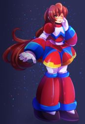 Rule 34 | 1girl, android, blush, brown hair, dress, female focus, full body, gloves, hand on own cheek, hand on own face, highres, iris (mega man), long hair, low-tied long hair, mega man (series), mega man x (series), mega man xtreme 2, one eye closed, simple background, smile, solo, tongue, tongue out, very long hair, white gloves