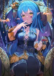 Rule 34 | 1girl, absurdres, belt, belt buckle, black thighhighs, blue belt, blue choker, blue hair, blurry, blurry foreground, blush, breasts, buckle, choker, cleavage, collarbone, cup, finger to mouth, grey skirt, hair between eyes, half updo, highres, holding, holding cup, hololive, long hair, looking at viewer, medium breasts, miniskirt, mugicho (kdks5554), nail polish, orange nails, pleated skirt, pointy ears, sitting, skirt, solo, thighhighs, very long hair, virtual youtuber, yellow eyes, yukihana lamy