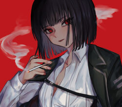 Rule 34 | 1girl, black coat, black hair, blunt bangs, cigarette, coat, coat on shoulders, collared shirt, fingernails, highres, holding, holding cigarette, limbus company, long sleeves, looking at viewer, moth ram, open clothes, open shirt, parted lips, project moon, red background, red eyes, ryoshu (project moon), shirt, short hair, solo, white shirt, wing collar