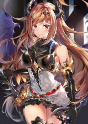 Rule 34 | 1girl, armor, armored dress, bad id, bad pixiv id, bare shoulders, black dress, black gloves, blonde hair, breasts, closed mouth, commentary request, cowboy shot, dark angel olivia, dress, elbow gloves, flower, gloves, granblue fantasy, hair flower, hair ornament, hairclip, highres, holding, horns, long hair, looking at viewer, medium breasts, red eyes, sidelocks, smile, solo, soraneko hino, sword, thighhighs, thighs, very long hair, walking, weapon, wings