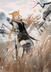 Rule 34 | 1girl, :d, absurdres, animal ears, arknights, belt, belt buckle, bird, black shorts, black vest, blonde hair, blush, bow (weapon), branch, breasts, buckle, building, closed eyes, covered navel, crossbow, day, facing viewer, greyscale, highres, holding, holding weapon, kroos (arknights), kroos the keen glint (arknights), long hair, long sleeves, medium breasts, monochrome, natsuba002, open mouth, outdoors, quiver, rabbit ears, shirt, short shorts, shorts, smile, solo, sun, thigh strap, thighhighs, very long hair, vest, weapon, wheat, white shirt