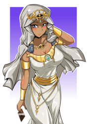 Rule 34 | 1girl, absurdres, arm at side, arm up, blush, breasts, card, circlet, cleavage, closed mouth, collarbone, commentary, cowboy shot, dark-skinned female, dark skin, dress, egyptian, egyptian clothes, gradient background, highres, holding, holding card, hood, hood up, ishizu ishtar, large breasts, legs together, looking at viewer, low twintails, millennium necklace, o-ring, robe, sangyou haikibutsu a, shiny clothes, shiny skin, simple background, smile, solo, strapless, strapless dress, twintails, v-shaped eyebrows, white robe, yu-gi-oh!