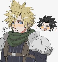 Rule 34 | !, 2boys, armor, black hair, blonde hair, blue eyes, blue shirt, chibi, chibi inset, closed eyes, cloud strife, crisis core final fantasy vii, ear piercing, earrings, final fantasy, final fantasy vii, green scarf, grey eyes, happy, jewelry, male focus, mtr dayoo, multiple boys, open mouth, parted bangs, parted lips, pauldrons, piercing, scarf, shirt, short hair, shoulder armor, smile, speech bubble, spiked hair, stud earrings, suspenders, upper body, zack fair