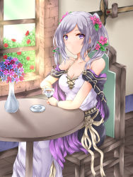 Rule 34 | 1girl, adapted costume, arms on table, bare shoulders, breasts, chair, cleavage, collarbone, cup, dress, fire emblem, fire emblem awakening, fire emblem heroes, flower, foreshortening, hair flower, hair ornament, highres, holding, holding cup, indoors, kei (asufend), medium breasts, nintendo, official alternate costume, plate, purple eyes, robin (female) (fire emblem), robin (fire emblem), silver hair, sitting, sleeveless, sleeveless dress, solo, sword, table, tea, teacup, weapon, window, wristband