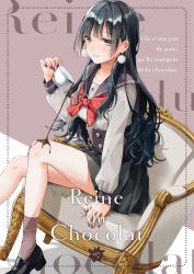 Rule 34 | 1girl, bare legs, black footwear, black hair, black nails, black sailor collar, black skirt, blush, bow, bowtie, brown socks, chair, closed mouth, cup, earrings, full body, grey shirt, high-waist skirt, highres, holding, holding cup, jewelry, loafers, long hair, long sleeves, looking at viewer, nail polish, original, pleated skirt, polka dot, polka dot background, pom pom (clothes), pom pom earrings, red bow, red bowtie, sailor collar, school uniform, serafuku, shirt, shoes, sitting, skirt, socks, solo, spilling, tadano yukiko, teacup, translated, white socks, yellow eyes