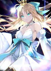 Rule 34 | ahoge, artoria caster (fate), artoria caster (swimsuit) (fate), artoria pendragon (fate), bare shoulders, black pantyhose, bow, breasts, closed mouth, crown, dress, fate/grand order, fate (series), green bow, green eyes, green ribbon, hair bow, highres, kino kokko, looking at viewer, pantyhose, ribbon, shine, small breasts, twintails, white dress
