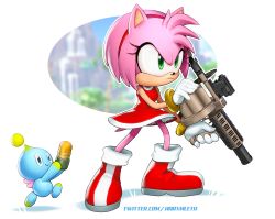 Rule 34 | absurdres, amy rose, chao (sonic), commentary, dress, english commentary, explosive, eyelashes, full body, furry, furry female, green eyes, grenade launcher, highres, milkor mgl, mleth, pink fur, red dress, red footwear, running, sonic (series), weapon, weapon request