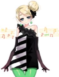 Rule 34 | 00s, 1girl, bad id, bad pixiv id, blonde hair, blue eyes, blush, don&#039;t say &quot;lazy&quot;, elbow gloves, female focus, gloves, green pantyhose, k-on!, kotobuki tsumugi, manle, musical note, pantyhose, short hair, smile, solo, white background