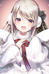 Rule 34 | 1girl, :d, blush, bow, bowtie, capelet, commentary request, dress, earmuffs, elu (5th costume) (nijisanji), elu (nijisanji), fur trim, green bow, hair bow, half-closed eyes, hand on own chest, hand up, highres, long hair, long sleeves, looking at viewer, nijisanji, open mouth, plaid, plaid bow, red bow, red bowtie, red eyes, sidelocks, silver hair, smile, snowing, solo, striped bow, striped bowtie, striped clothes, striped neckwear, swept bangs, teeth, topia, upper body, upper teeth only, virtual youtuber, white capelet, white dress, wide sleeves, wings
