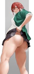 Rule 34 | 1girl, aizawa tomo, ass, black skirt, blush, clothes lift, embarrassed, from behind, from below, highres, jacket, lifted by self, looking at viewer, looking back, muscular, muscular female, no panties, open clothes, open jacket, puckered lips, red eyes, red hair, revision, rinrin (user tvcf4347), school uniform, shirt lift, short hair, simple background, skirt, sleeves rolled up, solo, standing, steaming body, tomo-chan wa onna no ko, upskirt