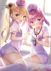 Rule 34 | 2girls, :d, :o, blurry, blurry background, blush, collared dress, commentary request, depth of field, dress, fang, flower, hair bobbles, hair flower, hair ornament, hat, highres, holding, holding syringe, light brown hair, long hair, low twintails, multiple girls, natuna natu, nurse, nurse cap, open mouth, original, panties, parted lips, short sleeves, short twintails, smile, stethoscope, striped clothes, striped panties, sunflower, syringe, thighhighs, twintails, underwear, unworn panties, very long hair, white dress, white headwear, white legwear, window, x hair ornament, yellow flower