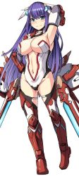 Rule 34 | 1girl, arm up, armpits, black thighhighs, blue eyes, blush, breasts, cleavage, commentary, fate/grand order, fate (series), full body, large breasts, leotard, long hair, looking at viewer, martha (aerial drive) (fate), martha (fate), mecha musume, navel, purple hair, shiseki hirame, simple background, smile, solo, standing, thighhighs, thighs, white background