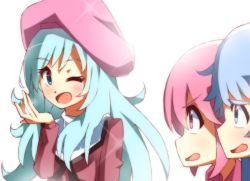 Rule 34 | 10s, 3girls, ;d, aino megumi, beret, blue eyes, blue hair, cure lovely, cure princess, gyahu, hair down, happinesscharge precure!, hat, hosshiwa, long hair, multiple girls, one eye closed, open mouth, pink hair, pink hat, precure, shirayuki hime, simple background, smile, white background, wink