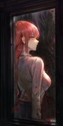 Rule 34 | 1girl, absurdres, blood, blood on clothes, blood on window, bloody handprints, chainsaw man, commentary, daby, from behind, handprint, highres, long hair, looking at viewer, looking to the side, makima (chainsaw man), parted lips, profile, red hair, ringed eyes, shirt, shirt tucked in, solo, white shirt, yellow eyes