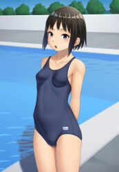 Rule 34 | 1girl, arms behind back, black eyes, black hair, blue one-piece swimsuit, bob cut, breasts, commentary request, covered navel, cowboy shot, day, highres, looking at viewer, maburu (lojyq1eur3e8bit), one-piece swimsuit, open mouth, original, outdoors, pool, poolside, school swimsuit, shadow, short hair, small breasts, solo, standing, swimsuit