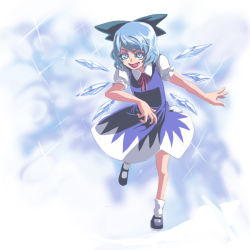 Rule 34 | 1girl, bad id, bad pixiv id, blue hair, cirno, dress, female focus, full body, gradient background, kumadano, ribbon, solo, touhou, white background, wings