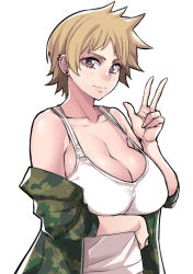 Rule 34 | 1girl, arm across waist, bare shoulders, blonde hair, blood hood, breasts, brown hair, camouflage, camouflage jacket, cleavage, collarbone, ear piercing, earrings, highres, jacket, jewelry, large breasts, light smile, looking at viewer, off shoulder, open clothes, open jacket, original, piercing, short hair, simple background, solo, spiked hair, strap gap, stud earrings, tank top, w, white background, white tank top