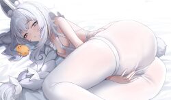Rule 34 | 1girl, absurdres, animal ears, ass, azur lane, bare arms, bare shoulders, between legs, blue eyes, blush, braid, braided ponytail, breasts, hand between legs, highres, jeze, le malin (azur lane), le malin (listless lapin) (azur lane), leotard, long hair, looking at viewer, lying, manjuu (azur lane), on side, pantyhose, parted lips, playboy bunny, rabbit ears, rabbit tail, small breasts, tail, thigh strap, thighs, white hair, white pantyhose