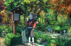 Rule 34 | 1boy, birdhouse, black eyes, black hair, creatures (company), day, elio (pokemon), ethan (pokemon), fence, flower, forest, game freak, gen 2 pokemon, grass, grey shorts, hand in pocket, holding, long sleeves, looking at viewer, male focus, nature, nintendo, outdoors, pippi (pixiv 1922055), pokemon, pokemon (creature), pokemon sm, quilava, sentret, shoes, shorts, smile, standing, wooper