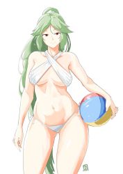 Rule 34 | 1girl, alternate costume, automatic giraffe, ball, beachball, bikini, breasts, closed mouth, contrapposto, cowboy shot, dated, gluteal fold, green hair, halterneck, kid icarus, large breasts, long hair, navel, nintendo, palutena, ponytail, red eyes, simple background, smile, solo, stomach, swimsuit, thighs, very long hair, watermark, white background, white bikini
