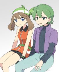 Rule 34 | 1boy, 1girl, bandana, bike shorts, blue eyes, brown hair, closed mouth, commentary request, creatures (company), drew (pokemon), eye contact, eyelashes, fanny pack, game freak, gloves, green bandana, green eyes, green hair, green pants, highres, jacket, looking at another, may (pokemon), n8dc9o, nintendo, pants, parted lips, pokemon, pokemon (anime), pokemon dppt (anime), pokemon rse (anime), purple jacket, short sleeves, smile