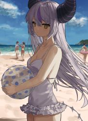 Rule 34 | 2others, 4girls, absurdres, alternate costume, ambiguous gender, ball, beach, beachball, braid, braided bangs, breasts, casual one-piece swimsuit, closed mouth, cloud, covered navel, cowboy shot, demon girl, frilled one-piece swimsuit, frilled swimsuit, frills, grey hair, highres, holding, holding ball, holding beachball, hololive, horns, innertube, la+ darknesss, long hair, looking at viewer, multicolored hair, multiple girls, multiple others, ocean, one-piece swimsuit, outdoors, purple hair, shade, small breasts, solo focus, streaked hair, striped horns, swim ring, swimsuit, tachibana wataru (123tsuki), tail, virtual youtuber, white one-piece swimsuit, yellow eyes