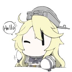 Rule 34 | 1girl, ^ ^, bare shoulders, belt, belt buckle, blonde hair, blue shirt, buckle, chibi, closed eyes, elbow gloves, front-tie top, gloves, hat, head, headgear, iowa (kancolle), kantai collection, long hair, looking at viewer, no mouth, one eye closed, shirt, sidelocks, simple background, skirt, solo, striped, task (s task80), vertical stripes, waving, white background, white gloves