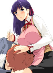 Rule 34 | 1boy, 1girl, apron, black skirt, blue eyes, blue hair, blush, breasts, closed mouth, ear cleaning, emiya shirou, fate/stay night, fate (series), hair ribbon, hand on another&#039;s head, homurahara academy school uniform, jyura, lap pillow, large breasts, long sleeves, matou sakura, neck ribbon, orange hair, pink apron, red ribbon, ribbon, school uniform, shirt, short hair, simple background, skirt, smile, t-shirt, white background