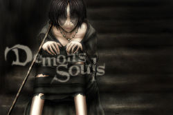 Rule 34 | 1girl, black hair, choker, demon&#039;s souls, dress, female focus, from software, jewelry, maiden in black, necklace, short hair, sitting, solo, staff, viridian-c