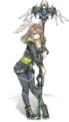 Rule 34 | 1girl, asymmetrical footwear, belt, black bodysuit, black choker, black footwear, black jacket, blonde hair, blue eyes, bodysuit, breast tattoo, breasts, choker, cleavage, closed mouth, collarbone, cowboy shot, drawstring, eunie (xenoblade), feathered wings, feathers, full body, green hoodie, green jacket, head wings, high tops, highres, holding, holding weapon, hood, hood down, hoodie, jacket, large breasts, leather, leather jacket, long hair, long sleeves, looking at viewer, mismatched footwear, official art, open clothes, open hoodie, open jacket, sarasadou dan, shoelaces, shoes, simple background, smile, sneakers, solo, spread wings, staff, standing, tattoo, weapon, white background, white feathers, white wings, wings, xenoblade chronicles (series), xenoblade chronicles 3