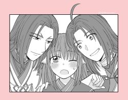 Rule 34 | 1girl, 2boys, age difference, ahoge, ainu clothes, animal ears, aquaplus, blush, brother and sister, eyes visible through hair, family, fingernails, greyscale, grin, hair between eyes, haku (utawarerumono), height difference, hood, hood down, leaning on person, long hair, mole, mole under eye, monochrome, multiple boys, nekone (utawarerumono), nose, omotego, one eye closed, open mouth, parted bangs, siblings, sidelocks, signature, smile, sweat, teeth, ukon (utawarerumono), utawarerumono, utawarerumono: itsuwari no kamen