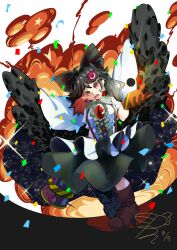 Rule 34 | 1girl, arm cannon, asymmetrical footwear, bird wings, black hair, black sun, black wings, boots, bow, breasts, brown eyes, brown footwear, brown gloves, brown hair, buttons, cape, center frills, collared shirt, colored inner hair, commentary request, confetti, explosion, eye hair ornament, fire, frilled shirt collar, frills, full body, gloves, green bow, green skirt, hair bow, highres, large breasts, long hair, looking at viewer, medium bangs, mismatched footwear, multicolored hair, open mouth, reiuji utsuho, rn (sbr2933090), round teeth, shirt, shoes, short sleeves, single shoe, skirt, solo, starry sky print, sun, suspender skirt, suspenders, teeth, third eye, touhou, upper teeth only, weapon, white background, white cape, white shirt, wings