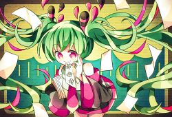 Rule 34 | 1girl, detached sleeves, floating hair, green hair, hatsune miku, hotori (sion), long hair, mousou zei (vocaloid), mouth hold, necktie, paper, pink eyes, skirt, smile, solo, twintails, very long hair, vocaloid