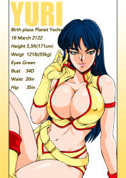 Rule 34 | 1980s (style), 1girl, arm support, belt, birthday, blue hair, boots, breasts, character name, character profile, cleavage, closed mouth, covered erect nipples, dirty pair, earrings, english text, female focus, gloves, green eyes, groin, hand up, height, highres, holster, jewelry, kugayama hodai, large breasts, legs, light smile, long hair, looking at viewer, measurements, navel, oldschool, profile page, retro artstyle, seductive smile, short shorts, shorts, simple background, sitting, sleeveless, smile, solo, thighs, three sizes, yellow gloves, yuri (dirty pair)