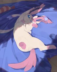 blanket blue_eyes body_fur creatures_(company) full_body game_freak gen_6_pokemon looking_at_viewer lying nintendo no_humans olyester on_back photo-referenced pink_fur pokemon pokemon_(creature) solo sylveon wooden_floor