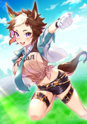 Rule 34 | 085 (zerohachiko), 1girl, :d, absurdres, animal ears, arm up, belt, black belt, black shorts, blue sky, blush, breasts, brown hair, brown shirt, clenched hands, clothes writing, cloud, commentary request, cowboy shot, cropped jacket, day, detached collar, ear ornament, ear piercing, foreshortening, gloves, grass, green necktie, groin, highres, horse ears, horse girl, horse tail, jacket, large breasts, leg belt, light rays, looking at viewer, mejiro ryan (umamusume), midriff, multicolored hair, navel, necktie, open clothes, open jacket, open mouth, outdoors, partial commentary, piercing, purple eyes, shirt, short hair, short shorts, shorts, sidelocks, sky, smile, solo, standing, standing on one leg, striped clothes, striped jacket, striped shirt, studded bracelet, sunbeam, sunlight, sweat, tail, teeth, tied shirt, two-tone hair, umamusume, upper teeth only, vertical-striped clothes, vertical-striped jacket, vertical-striped shirt, white gloves, white hair