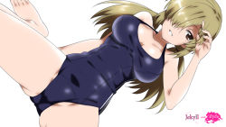 Rule 34 | 1girl, barefoot, breasts, hair over one eye, large breasts, looking at viewer, low twintails, mizuki makoto, mole, one-piece swimsuit, photokano, school swimsuit, simple background, sitting, solo, spread legs, swimsuit, twintails, uchida yuuko, white background