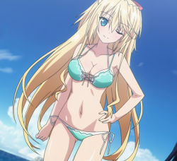 Rule 34 | 10s, 1girl, 8-bit (company), absolute duo, bikini, blonde hair, blue eyes, breasts, cleavage, female focus, hand on own hip, large breasts, lilith bristol, long hair, navel, one eye closed, outdoors, screencap, sky, smile, solo, stitched, swimsuit, thighs, third-party edit, wink