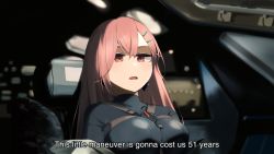 Rule 34 | 1girl, blue bodysuit, bodysuit, breasts, chest strap, collarbone, commentary, covered collarbone, crossed bangs, earrings, english text, fang, girls&#039; frontline, hair ornament, hairclip, hairpin, highres, hinami047, interstellar (movie), jewelry, large breasts, long hair, looking away, mole, mole under eye, official alternate costume, open mouth, parody, pink hair, red eyes, reflection, scene reference, scenery, sidelocks, sig mcx (girls&#039; frontline), sig mcx (trans-dimensional sentinel) (girls&#039; frontline), sitting, solo, spacecraft interior, spade (shape), spade earrings, strap, subtitled, upper body