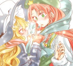 Rule 34 | &gt;:o, 2girls, :o, bad id, bad pixiv id, blonde hair, blush, braid, coat, cross-eyed, dressing another, fur trim, green eyes, green scarf, hat, hong meiling, kirisame marisa, long hair, long sleeves, mittens, multiple girls, open mouth, pink mittens, pink scarf, red hair, scarf, souta (karasu no ouchi), star (symbol), surprised, touhou, twin braids, v-shaped eyebrows, wavy hair, winter clothes, witch hat