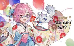 Rule 34 | 1girl, 2019, absurdres, balloon, blush, fate/grand order, fate (series), fou (fate), glasses, gompang, hair ornaments, happy new year, highres, japanese clothes, kimono, looking at viewer, mash kyrielight, mash kyrielight (irohanihoheto), new year, official alternate costume, open mouth, pink hair, purple eyes, smile, solo