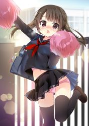 Rule 34 | 1girl, :o, arm up, bag, black serafuku, black shirt, black skirt, black thighhighs, blue sky, blush, breasts, brown footwear, brown hair, commentary request, day, highres, holding, loafers, long hair, long sleeves, looking at viewer, nagayama yuunon, navel, neckerchief, open mouth, original, outdoors, outstretched arm, panties, pennant, pink panties, pleated skirt, pom pom (cheerleading), purple eyes, red neckerchief, school bag, school uniform, serafuku, shirt, shoes, skirt, sky, small breasts, solo, standing, standing on one leg, string of flags, thighhighs, twintails, underwear