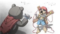 Rule 34 | 3boys, animal ears, artist request, cape, digimon, digimon (creature), fish, gloves, highres, looking at another, multiple boys, pinochimon, pukumon, puppet, simple background, size difference, translation request, warumonzaemon, white background