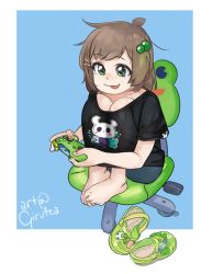 Rule 34 | 1girl, ahoge, animal print, artist name, barefoot, black shirt, blue background, blue eyes, blue shorts, blush, child, closed mouth, collarbone, controller, crocs, eyebrows, eyelashes, feet together, unworn footwear, freckles, frog, frog chair, frog print, game controller, girutea, green eyes, green footwear, green hair ornament, hair ornament, hairclip, highres, hollow knight, hollow knight (character), indie virtual youtuber, insole, knees to chest, knees together feet apart, knees up, legs together, lily hopkins, medium hair, messy hair, mole on foot, multicolored eyes, off-brand controller, on chair, print shirt, raised eyebrows, see-through, see-through shirt, shirt, shorts, signature, simple background, sitting, t-shirt, thighs together, toes, tongue, tongue out, video game controller, white background, white frame